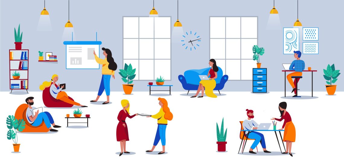 location with People working in friendly open space workplace. Coworking, freelance, teamwork, interaction, idea, independent activity concept. Vector illustration on white background